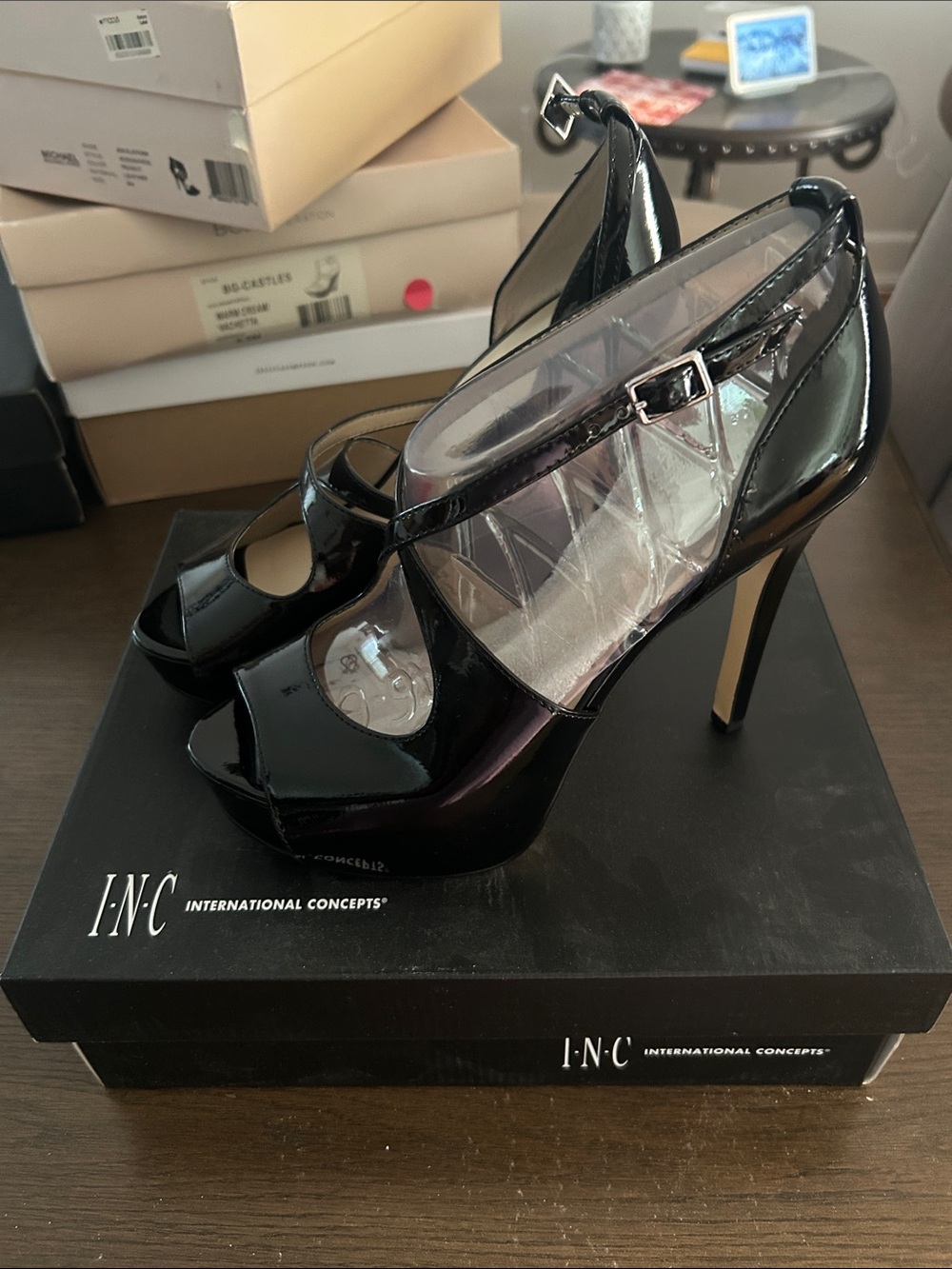 INC International Concepts Black Patent Peep-Toe Platform Heels with Ankle Strap